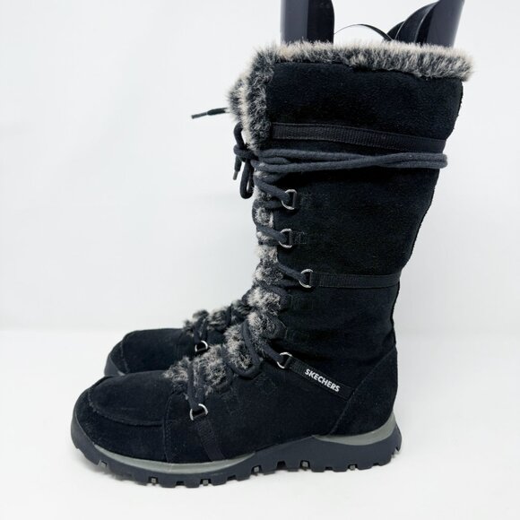 Vintage Y2K Skechers Black Lace Up Snow Boots Women's 9 Side Zip Faux Fur Lining - Picture 3 of 9